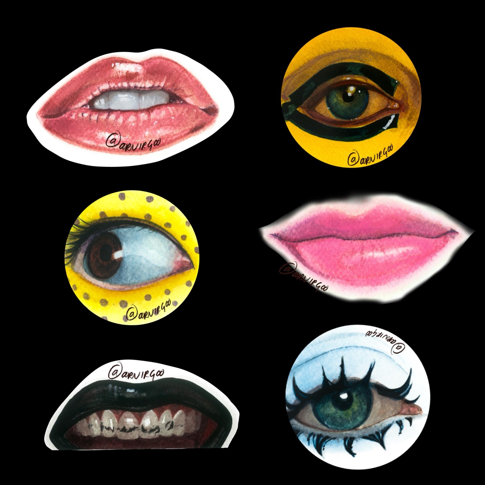Seis stickers de labios y ojos.