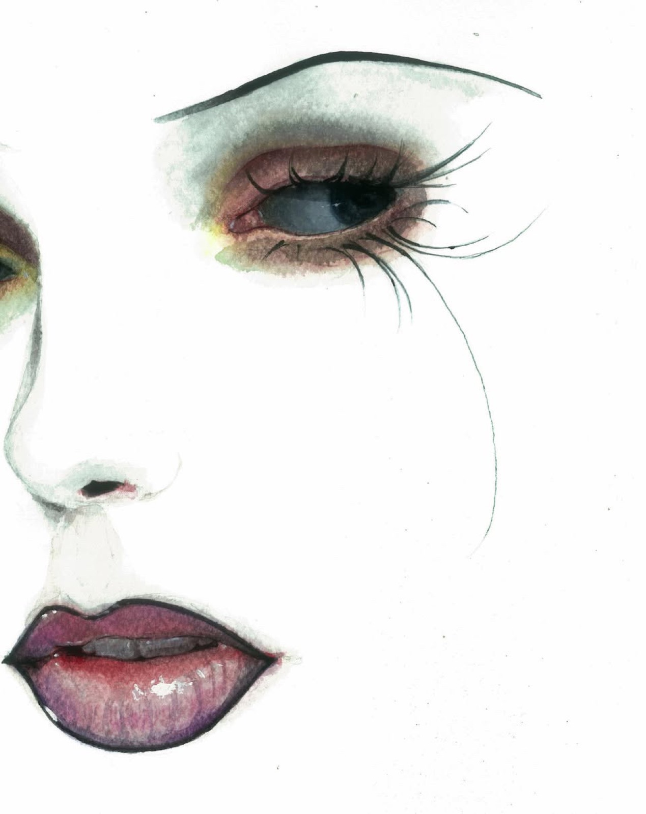 Media cara, labios color vino, ojos cerrados.