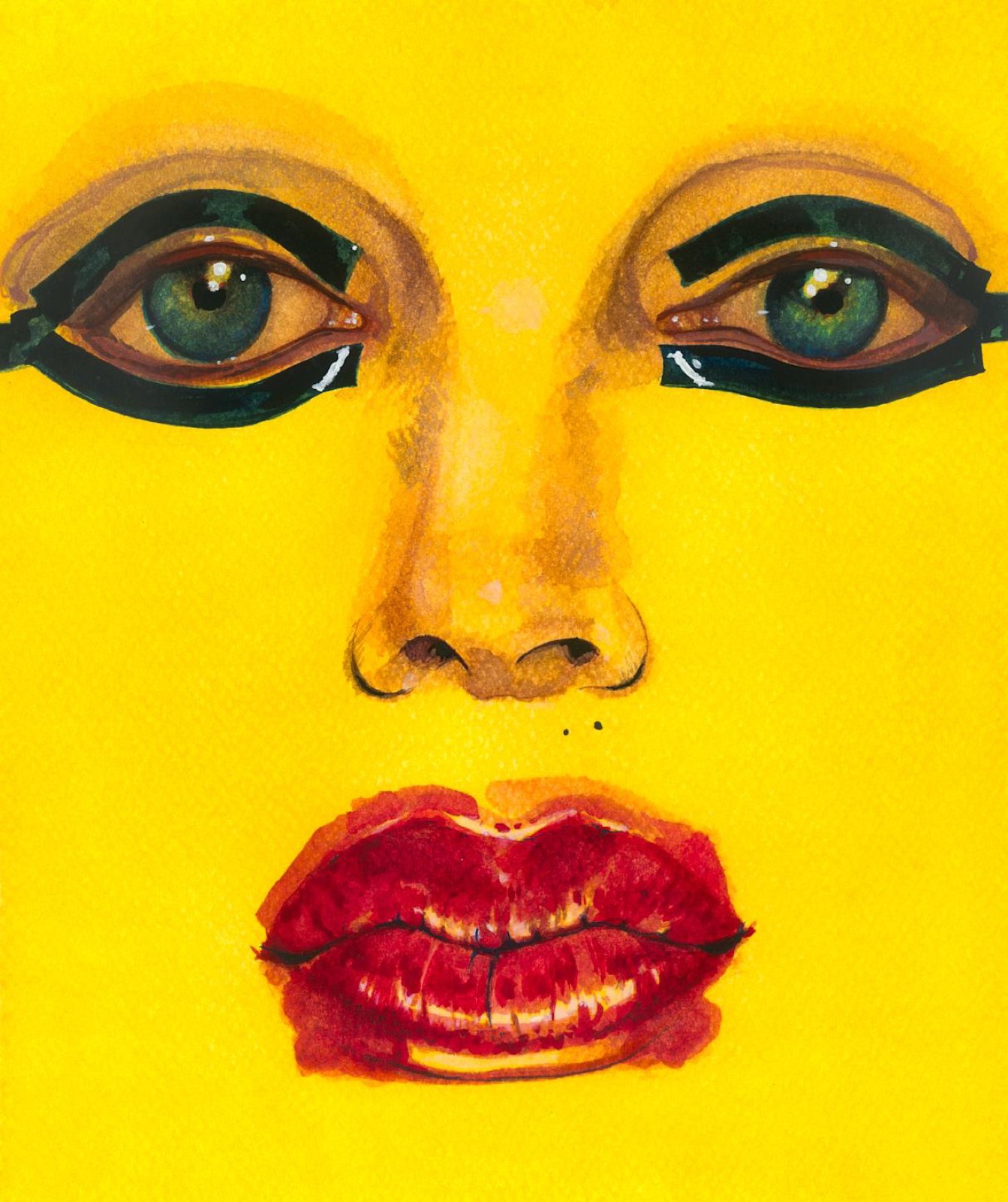 Rostro fondo amarillo, ojos verdes con delineado negro, labios rojos.
