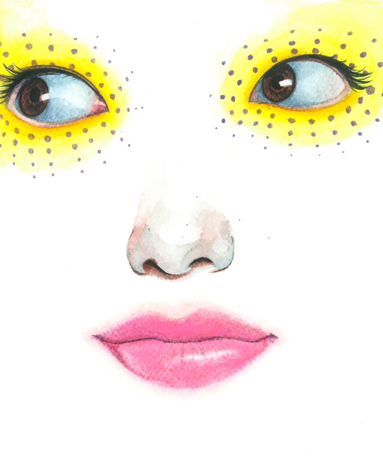 Ojos rodeados de amarillo y puntos negros, labios rosas.