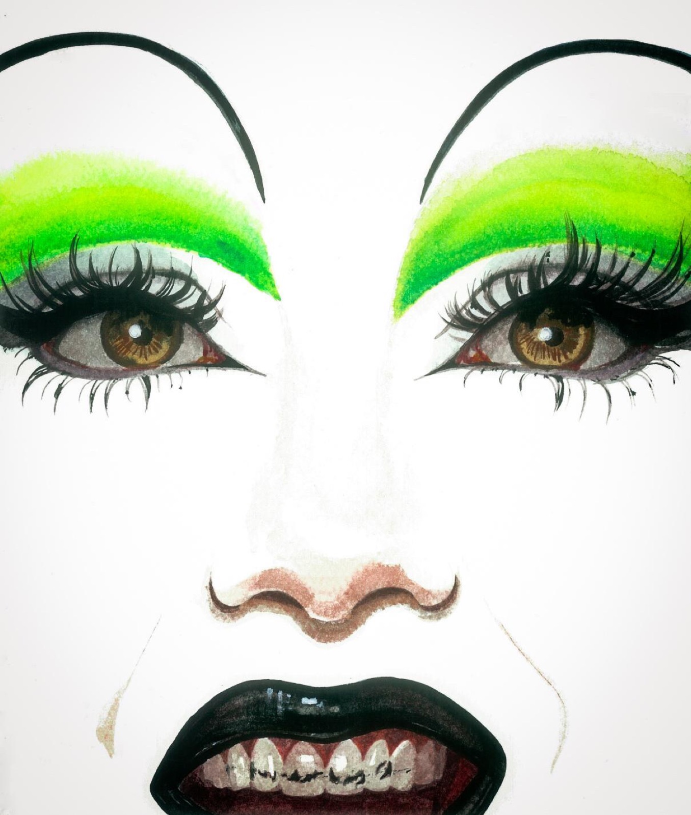 Sombras verdes neón, cejas dramáticas, labios negros mostrando dientes.
